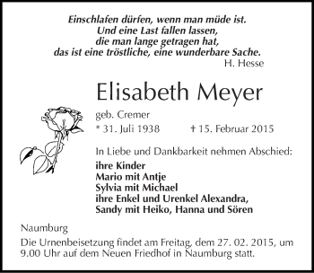 Traueranzeige von Elisabeth Meyer von Mitteldeutsche Zeitung Naumburg/Nebra