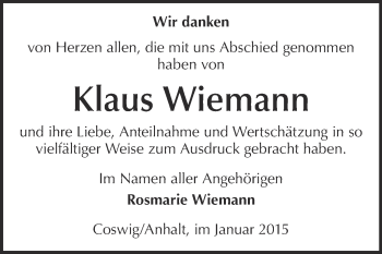 Traueranzeige von Klaus Wiemann von Super Sonntag Wittenberg