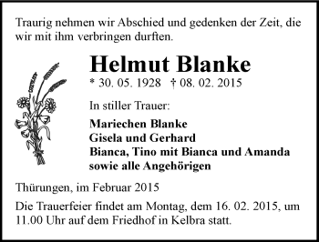 Traueranzeige von Helmut Blanke von Mitteldeutsche Zeitung Sangerhausen