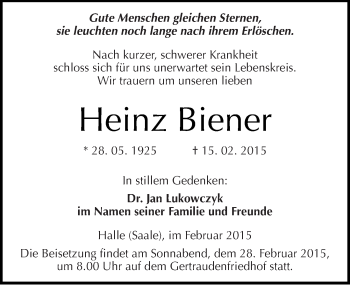 Traueranzeige von Heinz Biener von Mitteldeutsche Zeitung Halle/Saalkreis