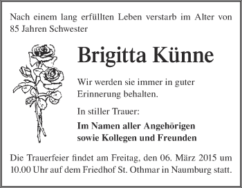 Traueranzeige von Brigitta Künne von WVG - Wochenspiegel NMB / WSF / ZTZ