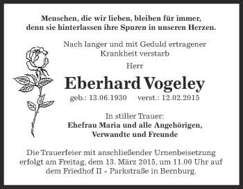 Traueranzeige von Eberhard Vogeley von Super Sonntag Bernburg