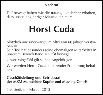 Traueranzeige von Horst Cuda von Mitteldeutsche Zeitung Mansfelder Land