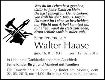 Traueranzeige von Walter Haase von Mitteldeutsche Zeitung Halle/Saalkreis