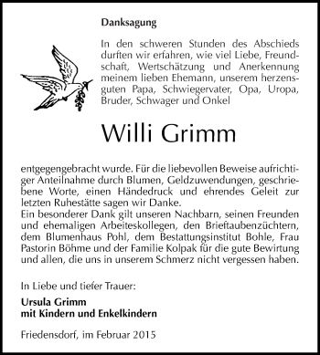 Traueranzeige von Willi Grimm von WVG - Wochenspiegel Merseburg