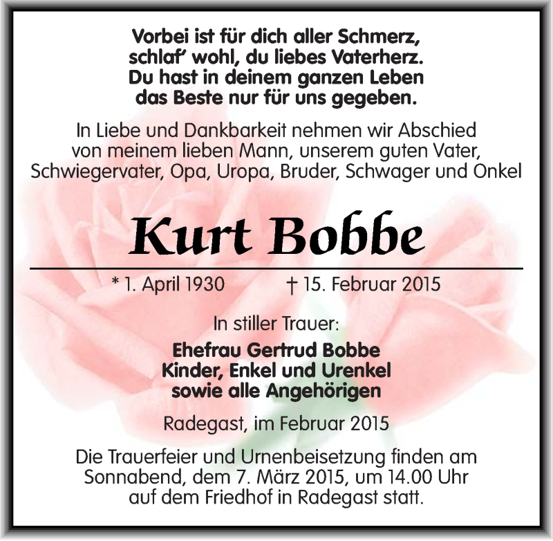  Traueranzeige für Kurt Bobbe vom 18.02.2015 aus Mitteldeutsche Zeitung Köthen