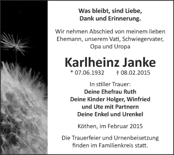 Traueranzeige von Karlheinz Janke von WVG - Wochenspiegel Dessau / Köthen