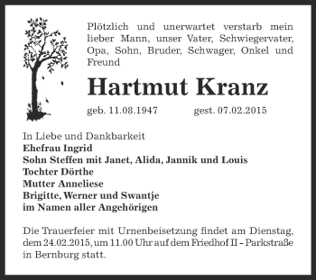 Traueranzeige von Hartmut Kranz von Super Sonntag Bernburg
