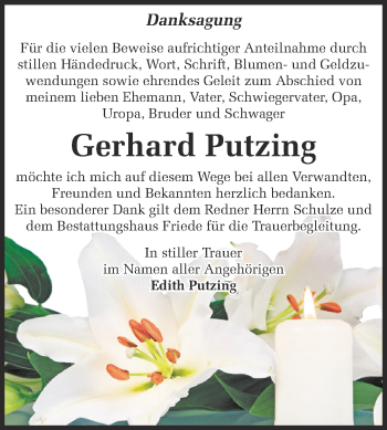 Traueranzeige von Gerhard Putzing von WVG - Wochenspiegel Dessau / Köthen