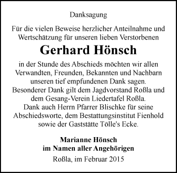 Traueranzeige von Gerhard Hönsch von Mitteldeutsche Zeitung Sangerhausen