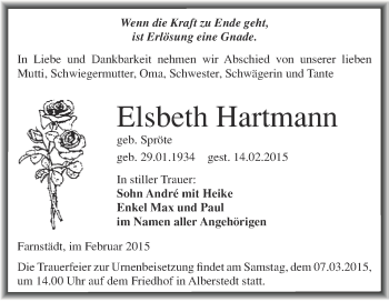 Traueranzeige von Elsbeth Hartmann von WVG - Wochenspiegel Merseburg