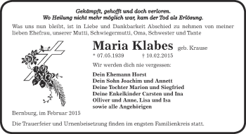 Traueranzeige von Maria Klabes von WVG - Wochenspiegel Dessau / Köthen