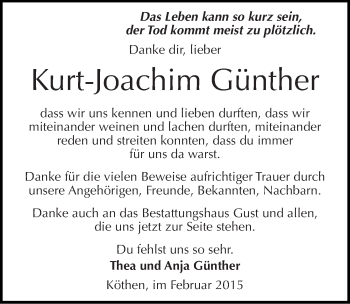 Traueranzeige von Kurt-Joachim Günther von Mitteldeutsche Zeitung Köthen