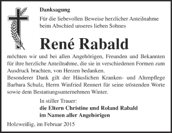Traueranzeige von René Rabald von WVG - Wochenspiegel Bitterfeld