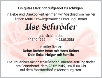 Traueranzeige von Ilse Schröder von Mitteldeutsche Zeitung Merseburg/Querfurt