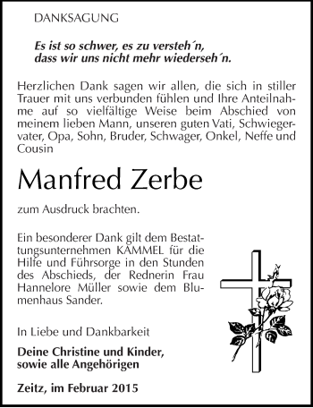 Traueranzeige von Manfred Zerbe von Mitteldeutsche Zeitung Zeitz