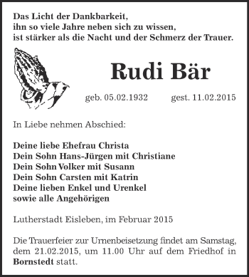Traueranzeige von Rudi Bär von WVG - Wochenspiegel SGH