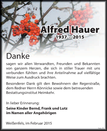 Traueranzeige von Alfred Hauer von WVG - Wochenspiegel NMB / WSF / ZTZ