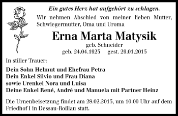 Traueranzeige von Erna Marta Matysik von Mitteldeutsche Zeitung Dessau-Roßlau