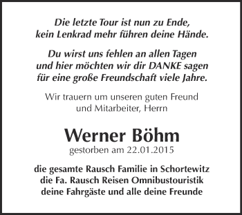 Traueranzeige von Werner Böhm von Super Sonntag Dessau / Köthen