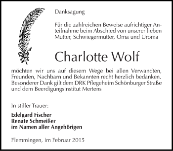 Traueranzeige von Charlotte Wolf von Mitteldeutsche Zeitung Naumburg/Nebra