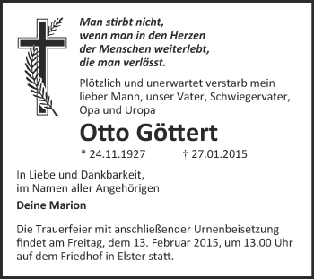 Traueranzeige von Otto Göttert von WVG - Wochenspiegel Wittenberg