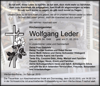 Traueranzeige von Wolfgang Leder von Mitteldeutsche Zeitung Weißenfels
