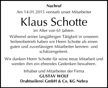 Traueranzeige von Klaus Schotte von Mitteldeutsche Zeitung Naumburg/Nebra