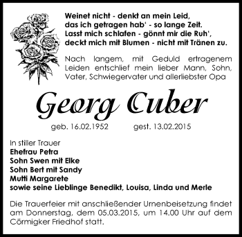 Traueranzeige von Georg Cuber von Mitteldeutsche Zeitung Bernburg