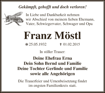 Traueranzeige von Franz Möstl von WVG - Wochenspiegel Dessau / Köthen