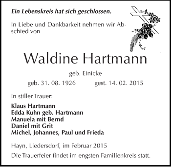 Traueranzeige von Waldine Hartmann von Mitteldeutsche Zeitung Sangerhausen