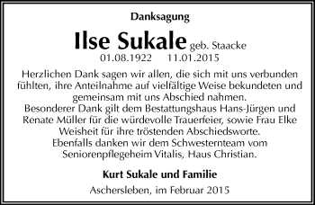 Traueranzeige von Ilse Sukale von Mitteldeutsche Zeitung Aschersleben