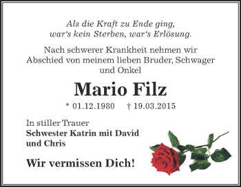 Traueranzeige von Mario Filz von Super Sonntag Bernburg