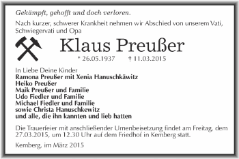 Traueranzeige von Klaus Preußer von Super Sonntag Wittenberg