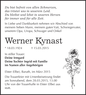 Traueranzeige von Werner Kynast von Super Sonntag Wittenberg