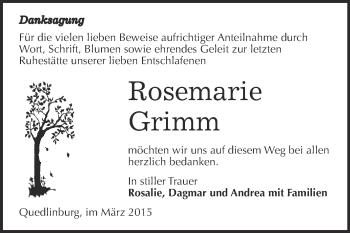 Traueranzeige von Rosemarie Grimm von WVG - Wochenspiegel Quedlinburg