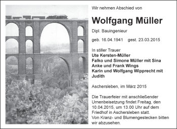 Traueranzeige von Wolfgang Müller von Super Sonntag Aschersleben