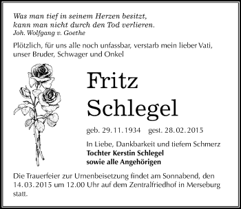 Traueranzeige von Fritz Schlegel von Mitteldeutsche Zeitung Merseburg/Querfurt