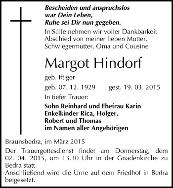 Traueranzeige von Margot Hindorf von Mitteldeutsche Zeitung Merseburg/Querfurt