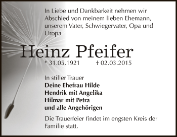 Traueranzeige von Heinz Pfeifer von WVG - Wochenspiegel Dessau / Köthen