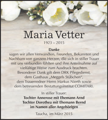 Traueranzeige von Maria Vetter von WVG - Wochenspiegel NMB / WSF / ZTZ