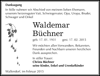 Traueranzeige von Waldemar Büchner von Mitteldeutsche Zeitung Merseburg/Querfurt