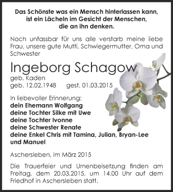 Traueranzeige von Ingeborg Schagow von Super Sonntag Aschersleben