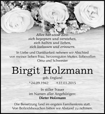 Traueranzeige von Birgit Holzmann von Mitteldeutsche Zeitung Quedlinburg