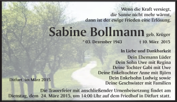 Traueranzeige von Sabine Bollmann von Mitteldeutsche Zeitung Quedlinburg