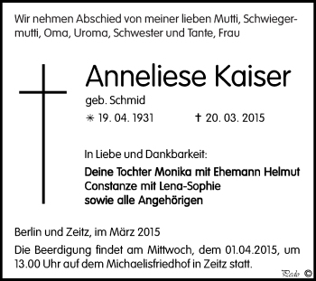 Traueranzeige von Anneliese Kaiser von WVG - Wochenspiegel NMB / WSF / ZTZ