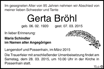 Traueranzeige von Gerta Bröhl von WVG - Wochenspiegel NMB / WSF / ZTZ