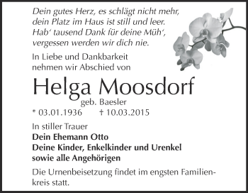 Traueranzeige von Helga Mossdorf von WVG - Wochenspiegel Dessau / Köthen