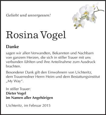 Traueranzeige von Rosina Vogel von Mitteldeutsche Zeitung Weißenfels