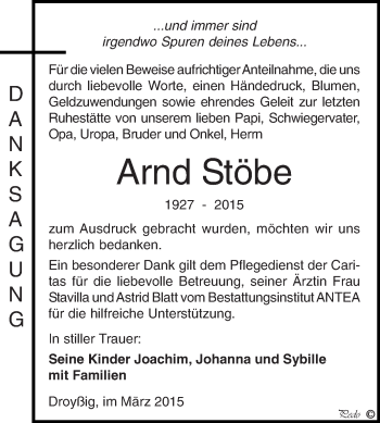 Traueranzeige von Arnd Stöbe von Super Sonntag Zeitz
